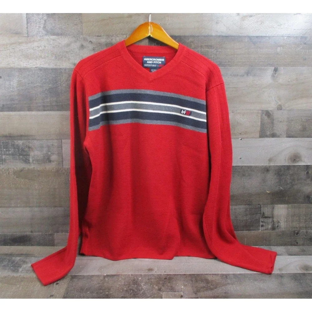 Abercrombie & Fitch Sweater Mens XL Red Gray Striped Muscle V Neck Pullover Knit